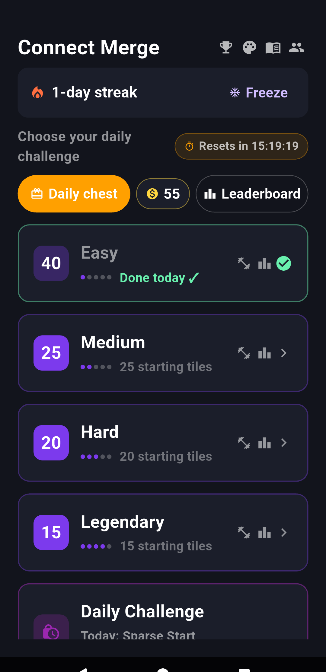 The mode-select screen: Easy, Medium, Hard, Legendary, and today's Daily Challenge, each showing a starting-tile count, with a 1-day streak banner up top.