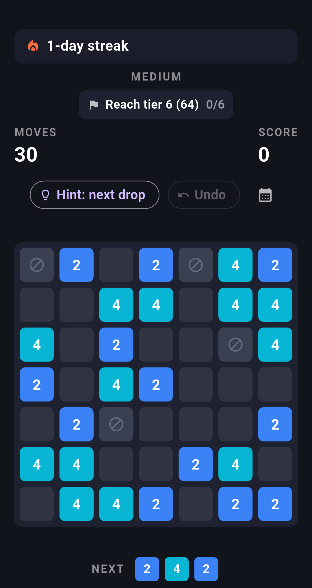 A live Medium-mode board mid-run: 30 moves left, working toward today's 'Reach tier 6' challenge, with the next three tiles queued below the board.